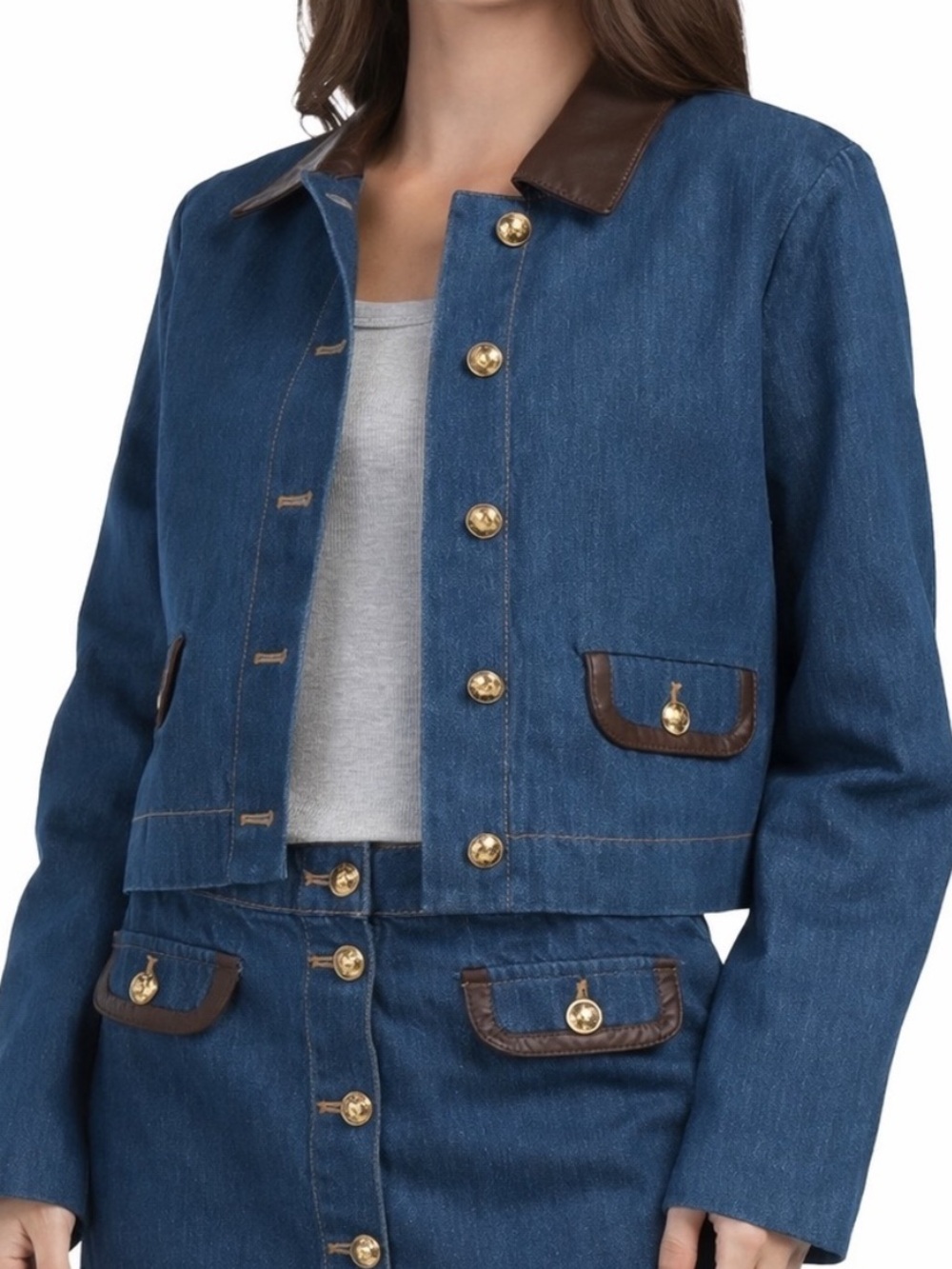 House Of Harlow 1960 Denim Jacket With Brown Pleater Collar And Gold Buttons